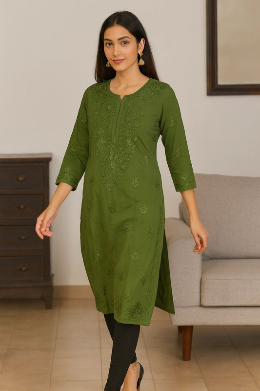 Lucknow Fashion Diary Hand Embroidered Lucknowi Chikankari Women's Green Modal Kurti