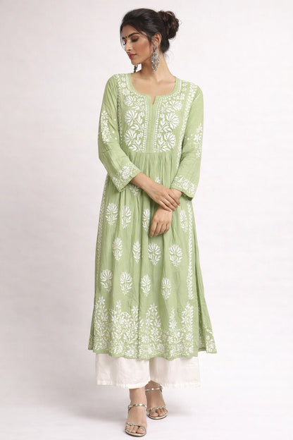 Lucknow Fashion Diary Hand Embroidered Lucknowi Chikankari Women's Green Modal Kurti
