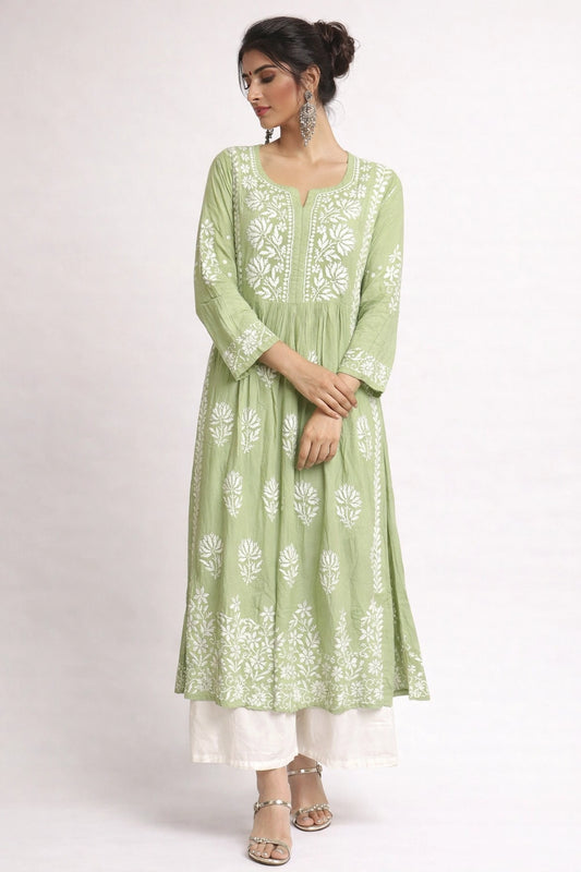 Lucknow Fashion Diary Hand Embroidered Lucknowi Chikankari Women's Green Modal Kurti