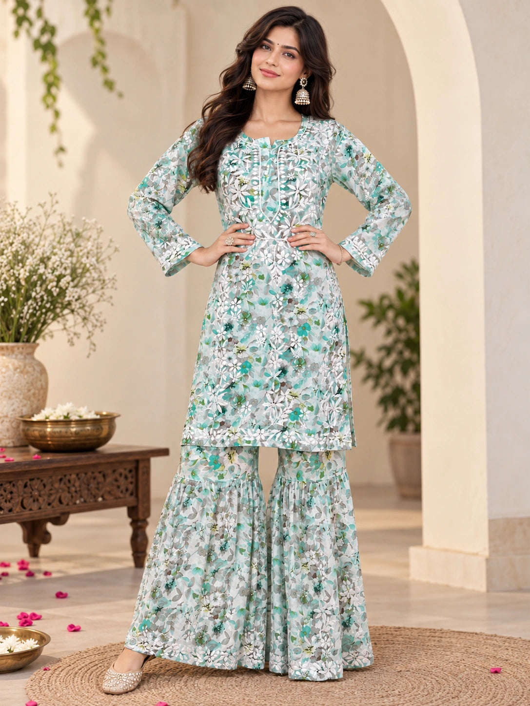 Lucknow Fashion Diary Hand Embroidered Lucknowi Chikankari Women's Green Cotton printed Kurta Bottom