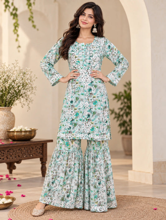 Lucknow Fashion Diary Hand Embroidered Lucknowi Chikankari Women's Green Cotton printed Kurta Bottom