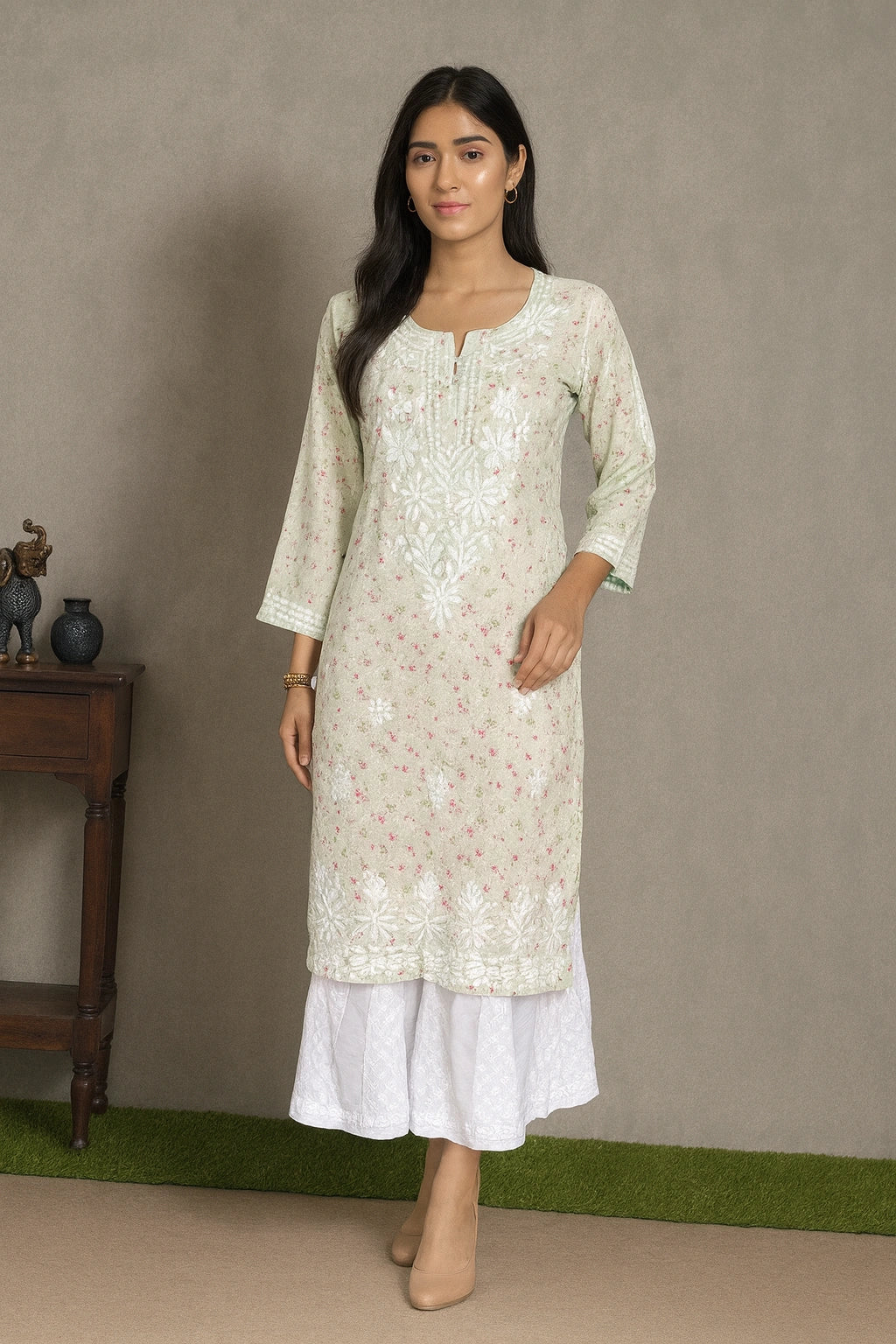 Lucknow Fashion Diary Hand Embroidered Lucknowi Chikankari Women's Green Printed Cotton Kurti