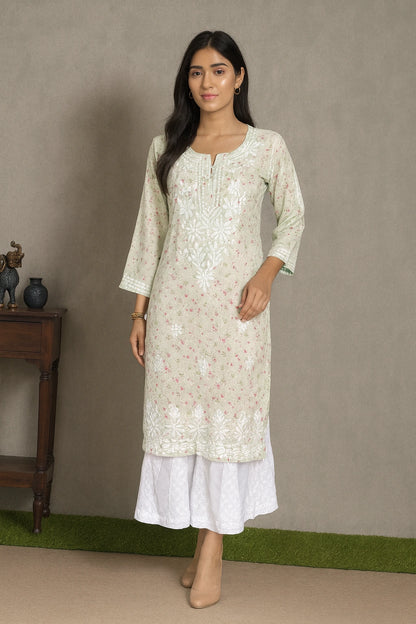 Lucknow Fashion Diary Hand Embroidered Lucknowi Chikankari Women's Green Printed Cotton Kurti