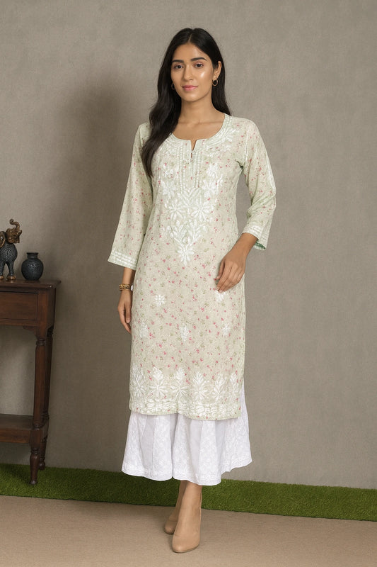 Lucknow Fashion Diary Hand Embroidered Lucknowi Chikankari Women's Green Printed Cotton Kurti