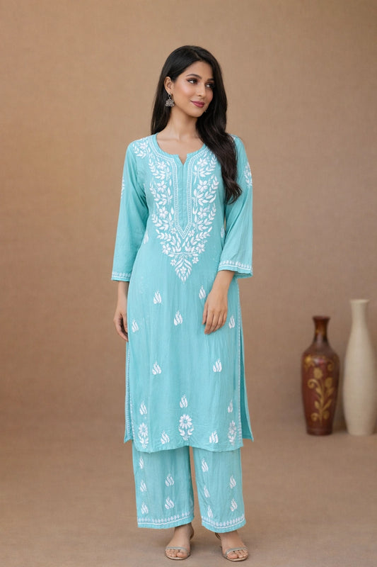 Lucknow Fashion Diary Hand Embroidered Lucknowi Chikankari Women's Green Rayon Kurta Bottom