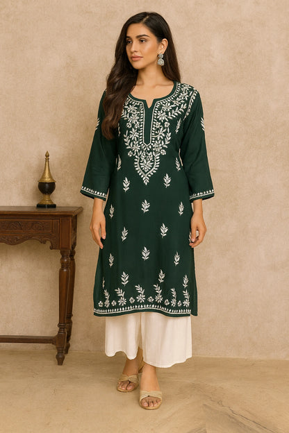 Lucknow Fashion Diary Hand Embroidered Lucknowi Chikankari Women's Green Rayon Kurti