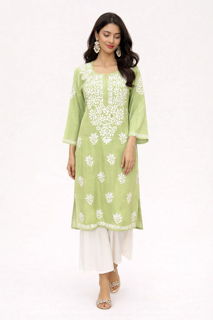 Lucknow Fashion Diary Hand Embroidered Lucknowi Chikankari Women's Green Rayon Kurti