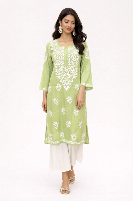 Lucknow Fashion Diary Hand Embroidered Lucknowi Chikankari Women's Green Rayon Kurti