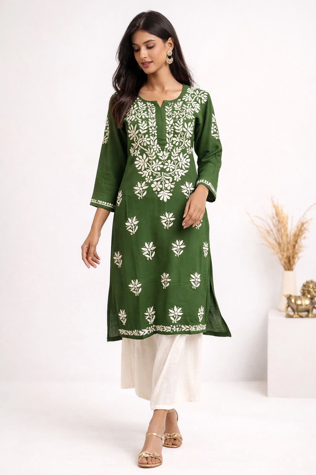 Lucknow Fashion Diary Hand Embroidered Lucknowi Chikankari Women's Green Rayon Kurti