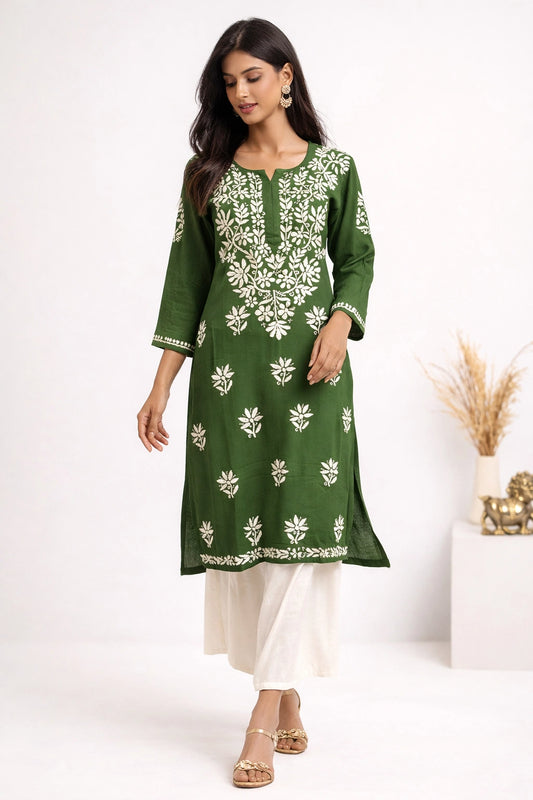 Lucknow Fashion Diary Hand Embroidered Lucknowi Chikankari Women's Green Rayon Kurti