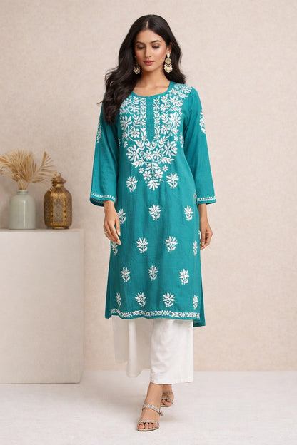 Lucknow Fashion Diary Hand Embroidered Lucknowi Chikankari Women's Green Rayon Kurti