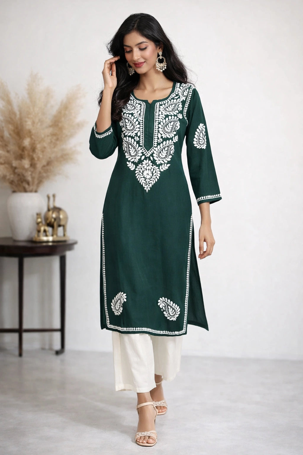 Lucknow Fashion Diary Hand Embroidered Lucknowi Chikankari Women's Green Rayon Kurti