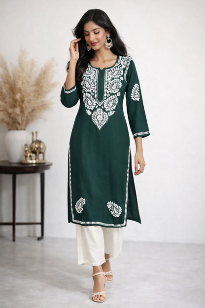 Lucknow Fashion Diary Hand Embroidered Lucknowi Chikankari Women's Green Rayon Kurti