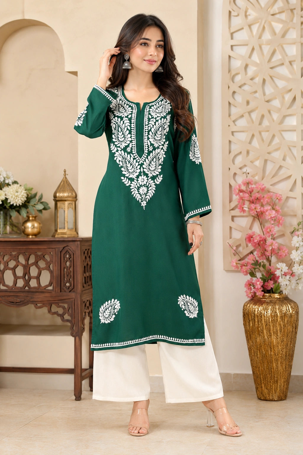 Lucknow Fashion Diary Hand Embroidered Lucknowi Chikankari Women's Green Rayon Kurti