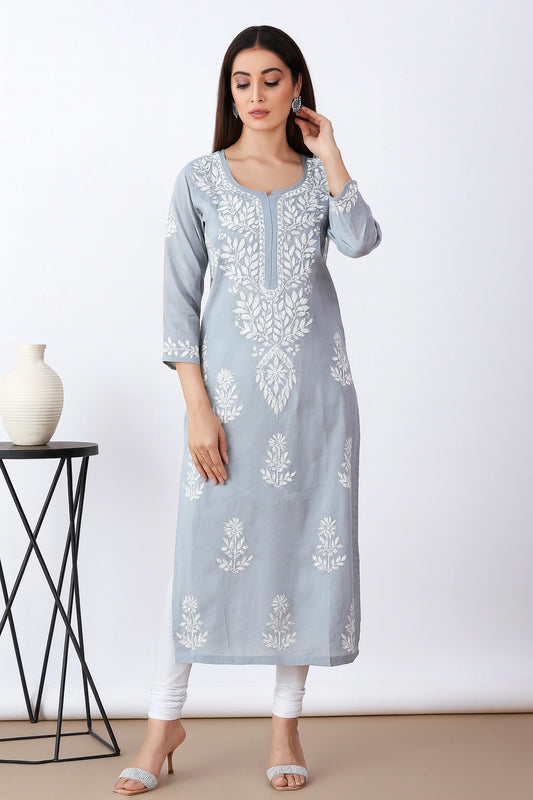 Lucknow Fashion Diary Hand Embroidered Lucknowi Chikankari Women's grey Cotton Kurti