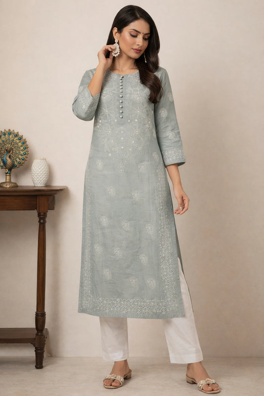 Lucknow Fashion Diary Hand Embroidered Lucknowi Chikankari Women's grey Cotton Kurti