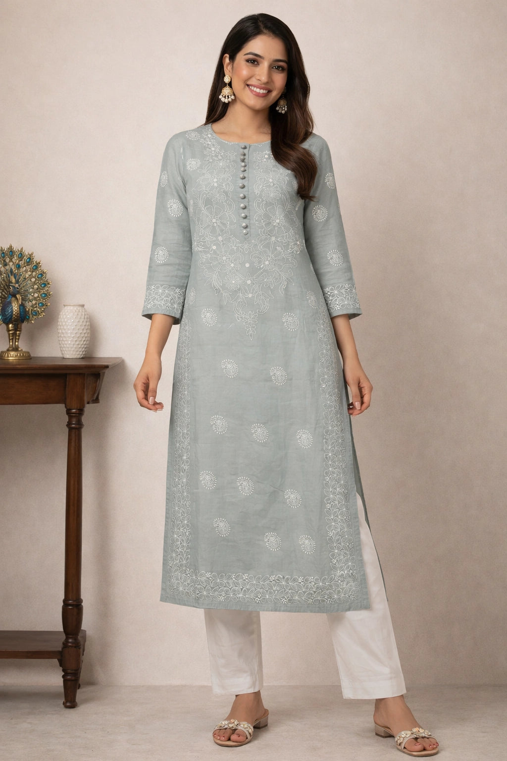 A woman modeling a light sage green kurta with white floral embroidery, paired with white pants and beige sandals, standing in a studio setting.