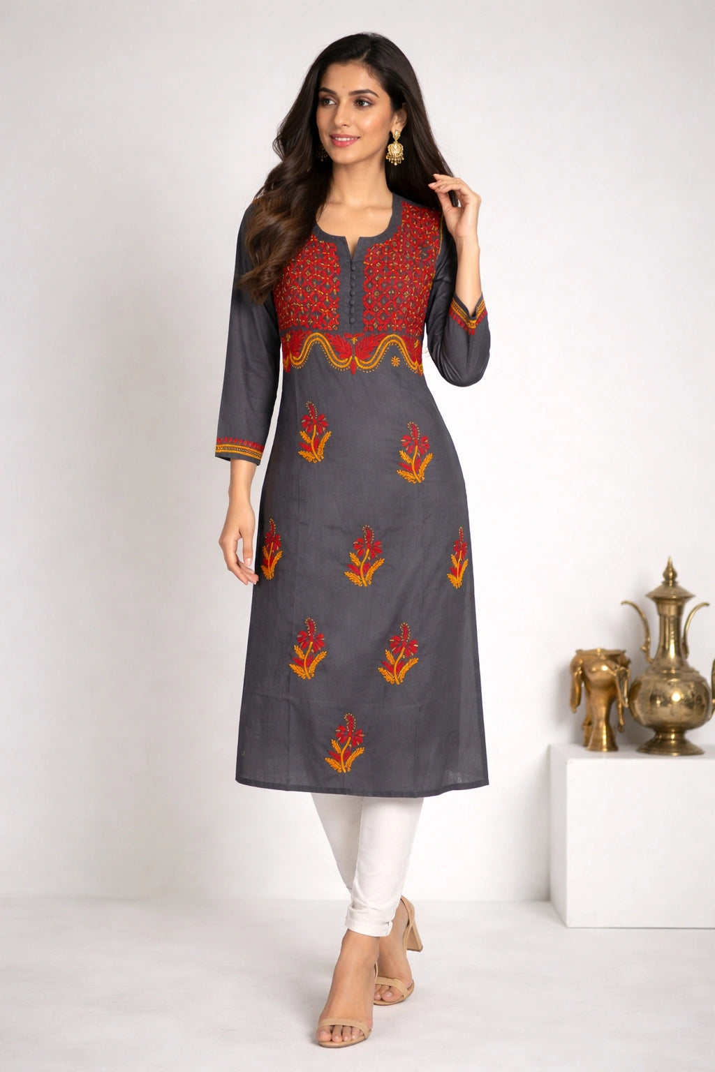 Lucknow Fashion Diary Hand Embroidered Lucknowi Chikankari Women's Grey Cotton Kurta
