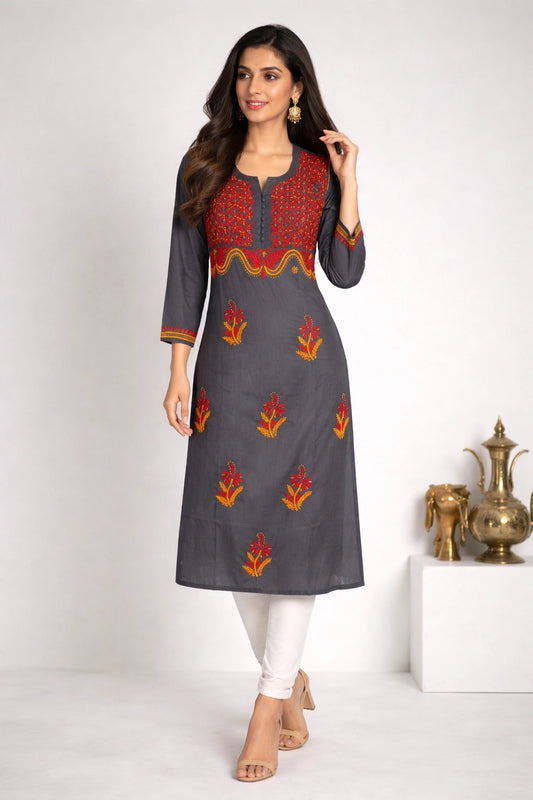 Lucknow Fashion Diary Hand Embroidered Lucknowi Chikankari Women's Grey Cotton Kurta