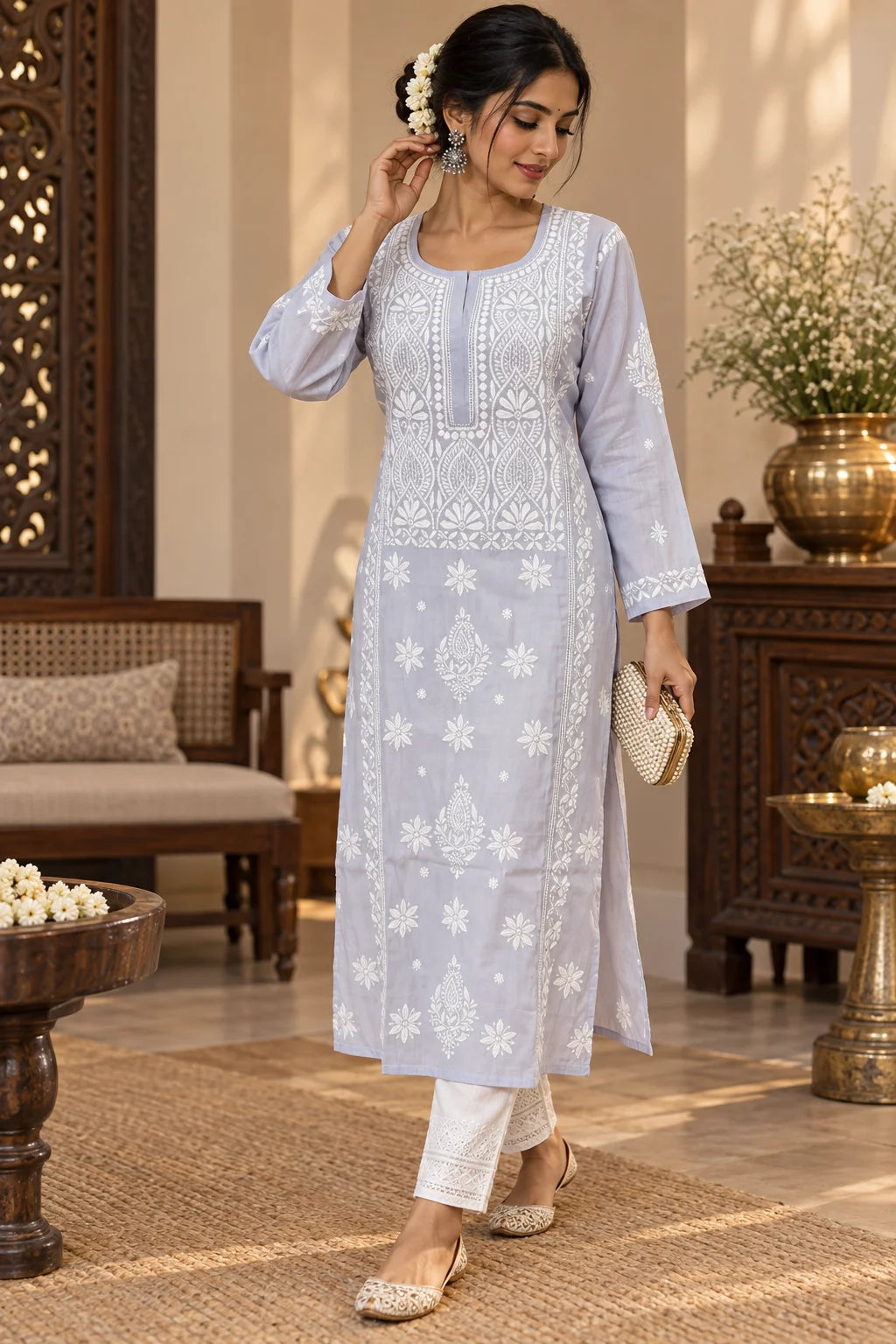 Lucknow Fashion Diary Hand Embroidered Lucknowi Chikankari Women's Grey crape Kurti 