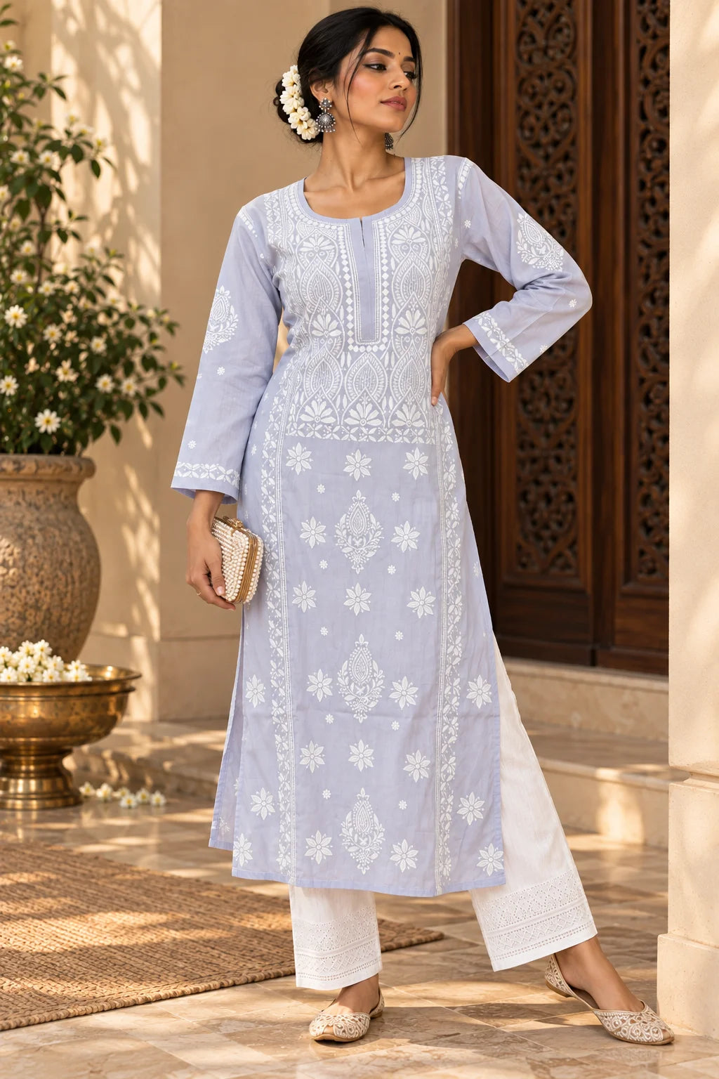 A woman models a grey kurta with intricate white embroidery, paired with white cropped pants, in an outdoor courtyard setting decorated with flowers and wooden furniture.