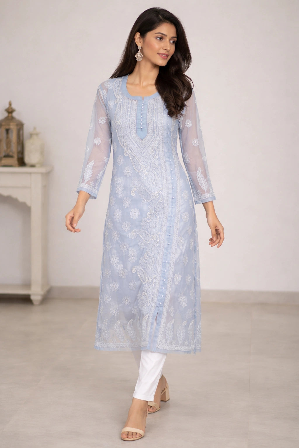 Lucknow Fashion Diary Hand Embroidered Lucknow Chikankari Women's Grey Georgette A-Line Kurti 