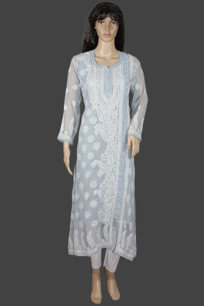 Light blue embroidered kurta on a mannequin against a dark background