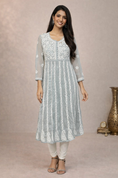Lucknow Fashion Diary Hand Embroidered Lucknowi Chikankari Women's Grey Georgette Anarkali