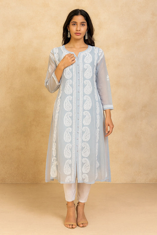 Lucknow Fashion Diary Hand Embroidered Lucknowi Chikankari Women's Grey Georgette Anarkali