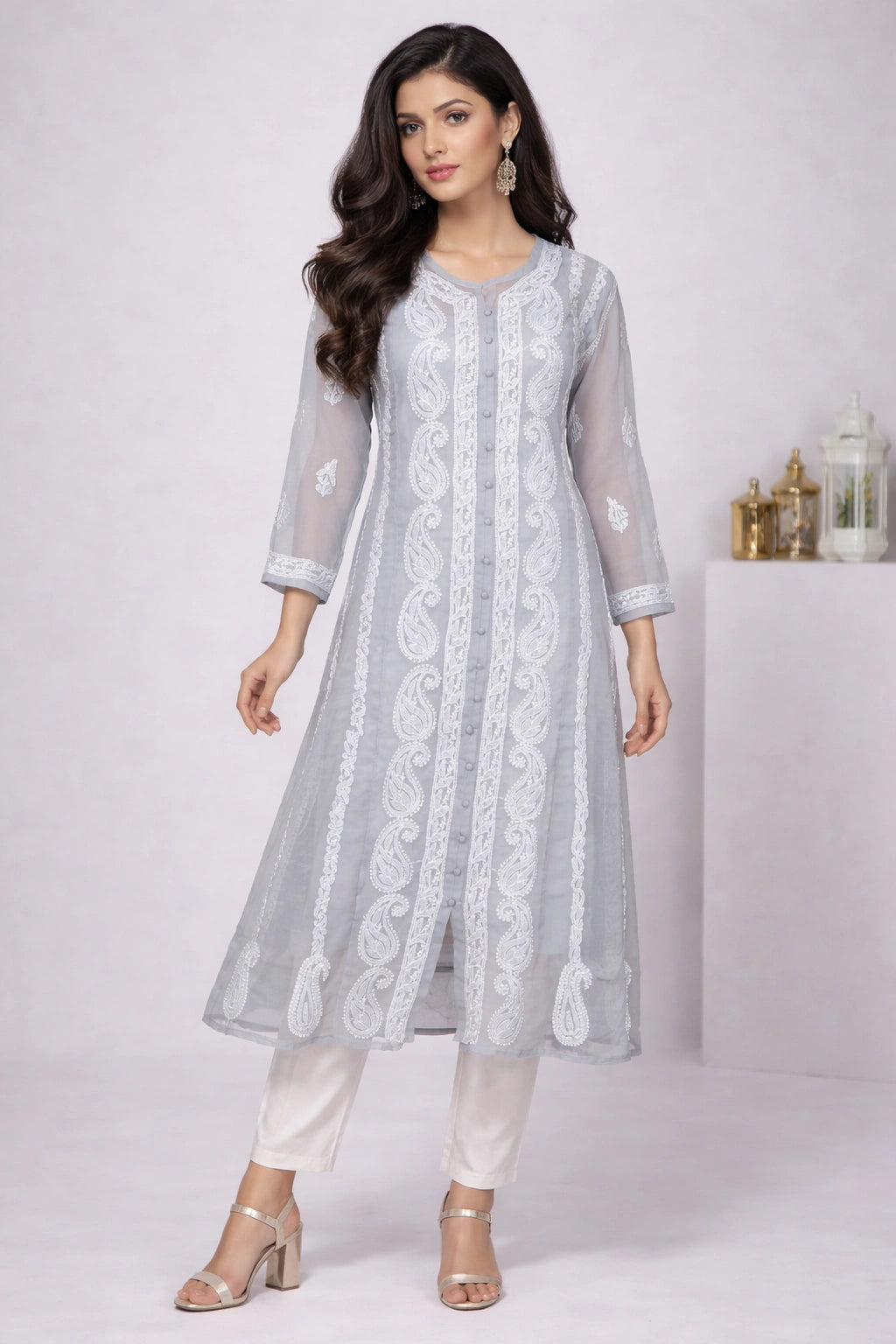 Lucknow Fashion Diary Hand Embroidered Lucknowi Chikankari Women's Grey Georgette Anarkali