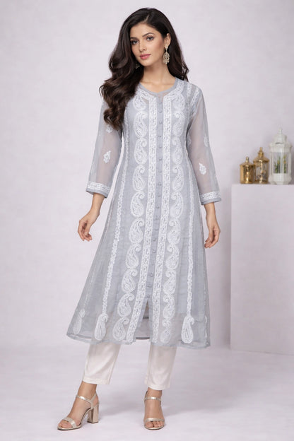 Lucknow Fashion Diary Hand Embroidered Lucknowi Chikankari Women's Grey Georgette Anarkali