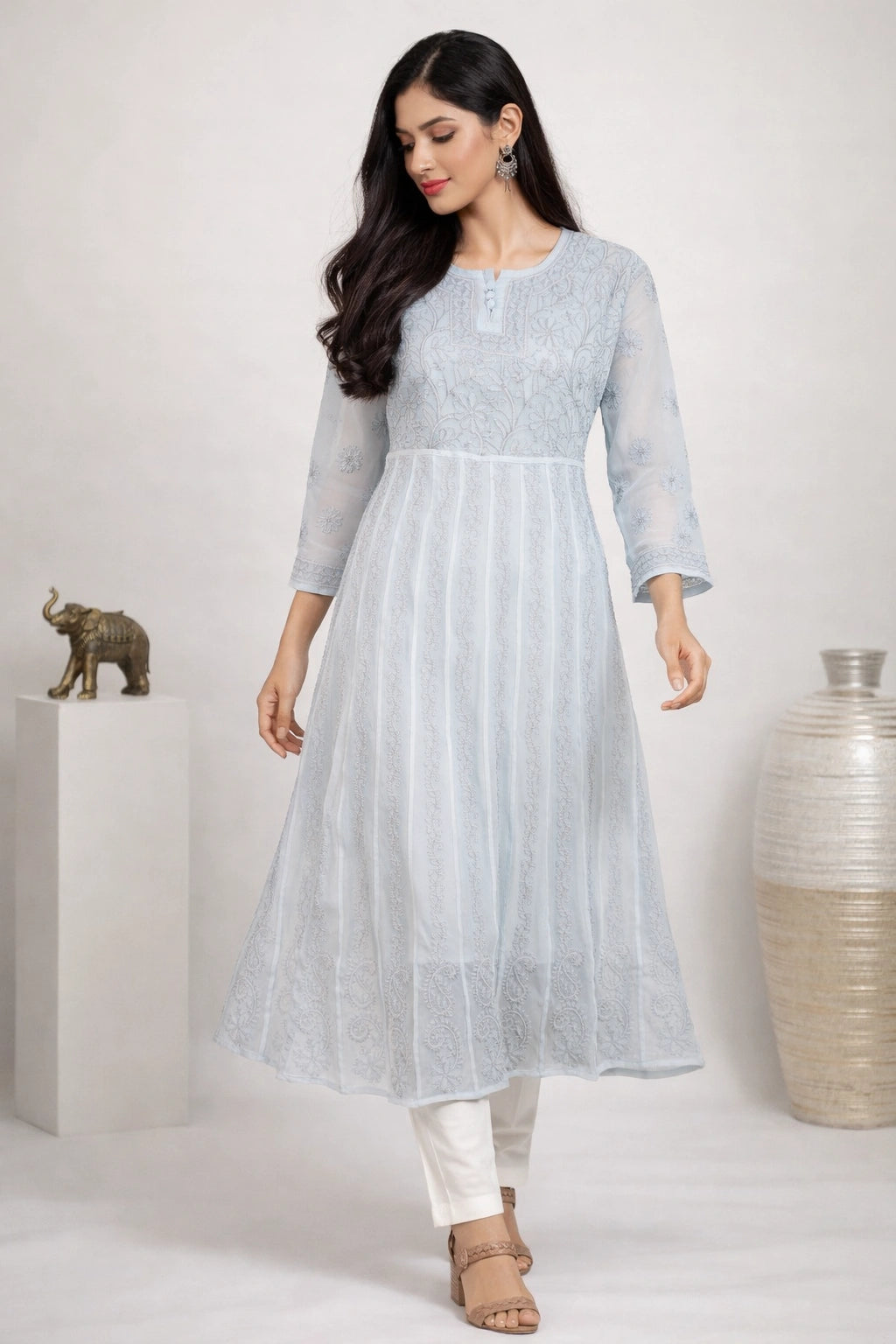 Lucknow Fashion Diary Hand Embroidered Lucknowi Chikankari Women's Grey Georgette Anarkali