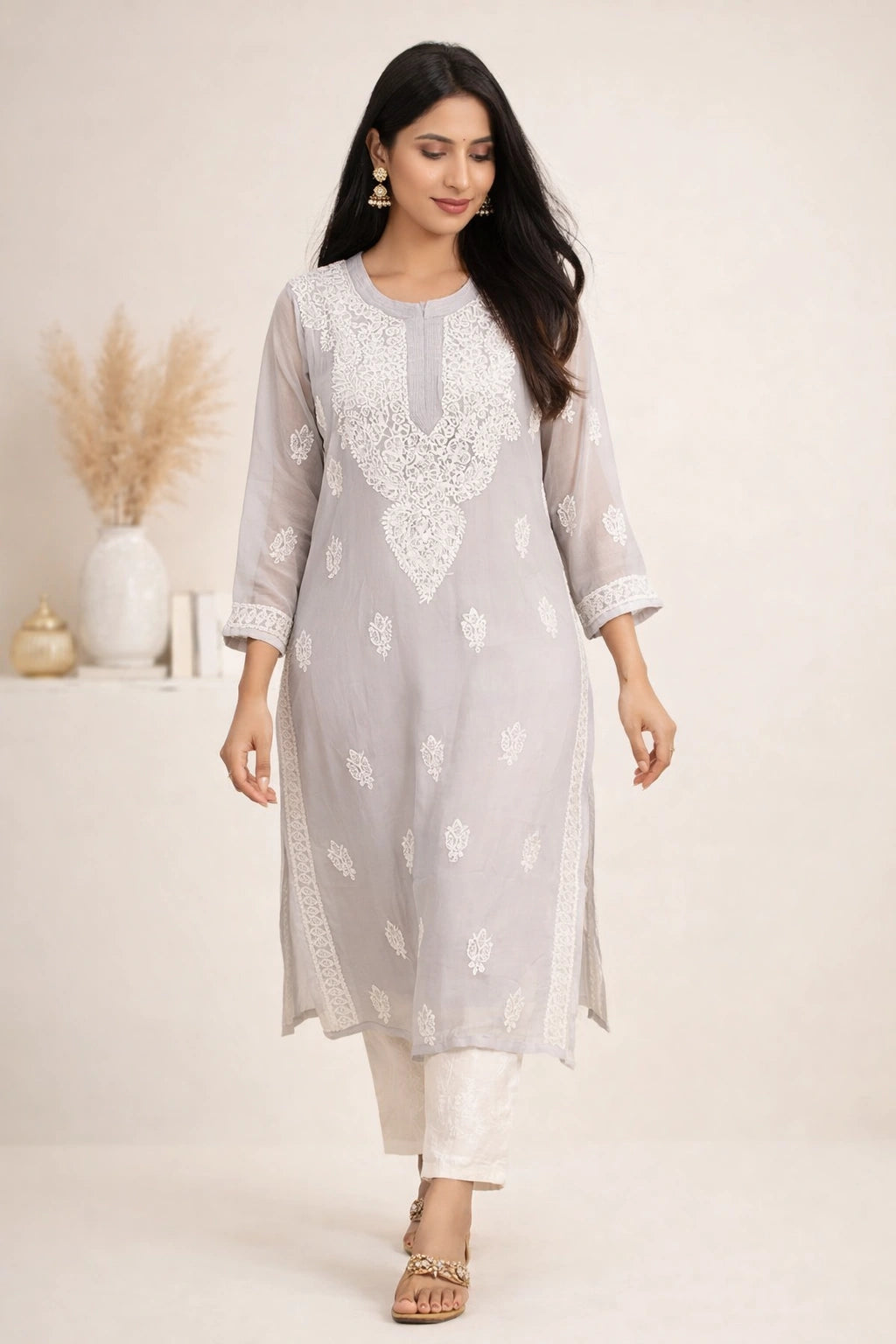 Lucknow Fashion Diary Hand Embroidered Lucknowi Chikankari Women's grey Georgette Kurti