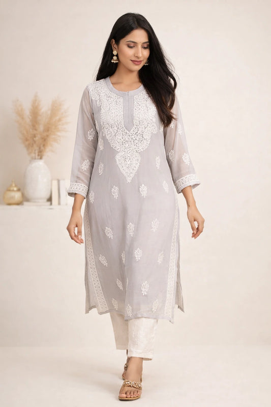 Lucknow Fashion Diary Hand Embroidered Lucknowi Chikankari Women's grey Georgette Kurti