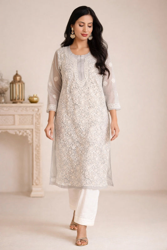Lucknow Fashion Diary Hand Embroidered Lucknowi Chikankari Women's grey Georgette Kurti