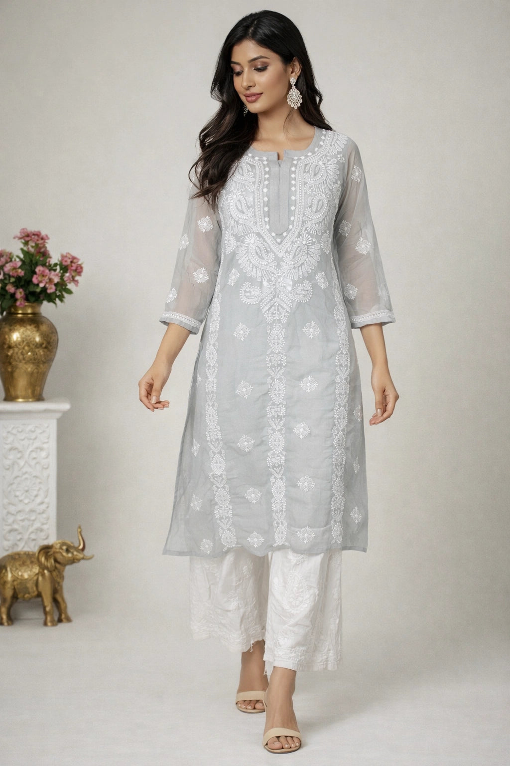Lucknow Fashion Diary Hand Embroidered Lucknowi Chikankari Women's Grey Georgette Kurta