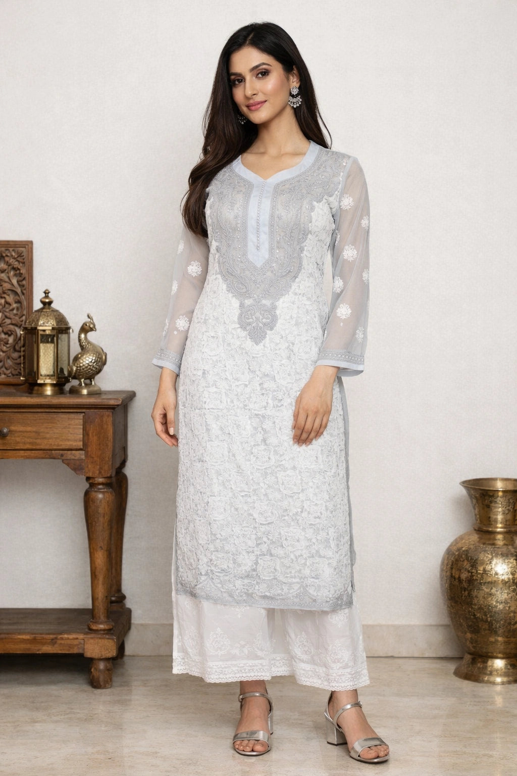 Lucknow Fashion Diary Hand Embroidered Lucknowi Chikankari Women's Grey Georgette Kurta