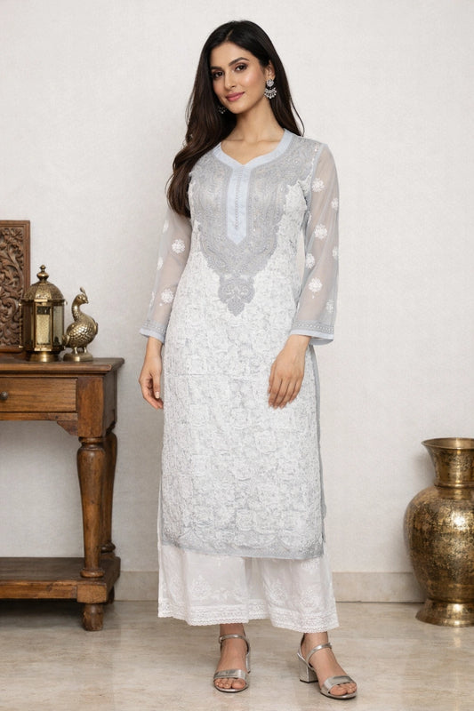 Lucknow Fashion Diary Hand Embroidered Lucknowi Chikankari Women's Grey Georgette Kurta