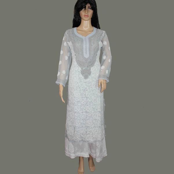 Mannequin wearing a light gray embroidered dress on a plain background