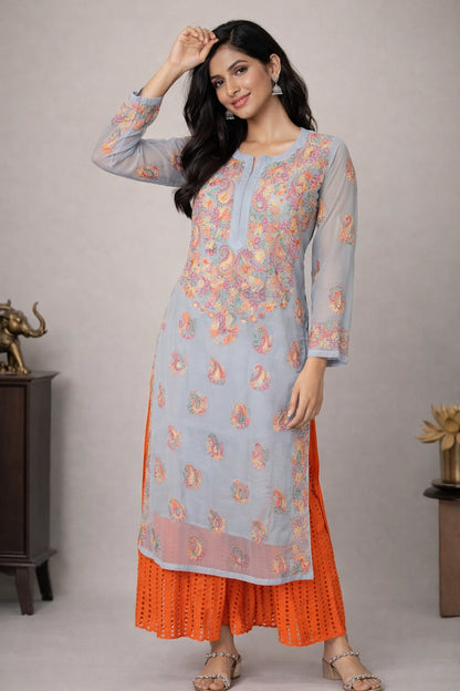 Lucknow Fashion Diary Hand Embroidered Lucknowi Chikankari Women's Grey Georgette Kurta