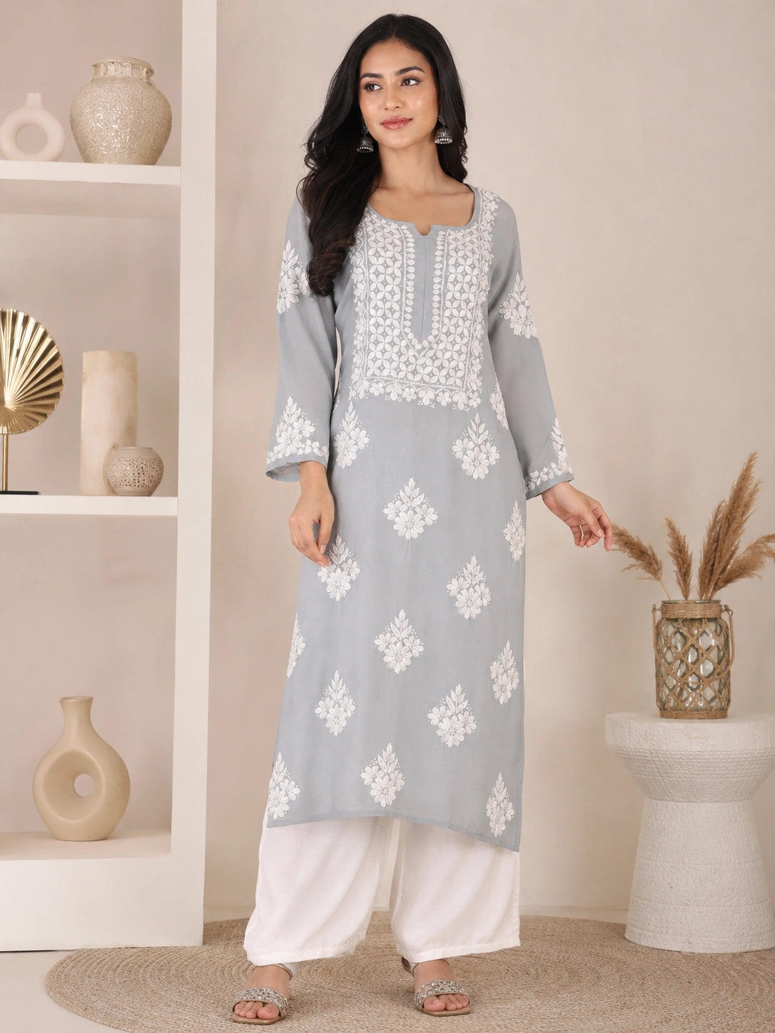 Lucknow Fashion Diary Hand Embroidered Lucknowi Chikankari Women's Grey Modal Kurti