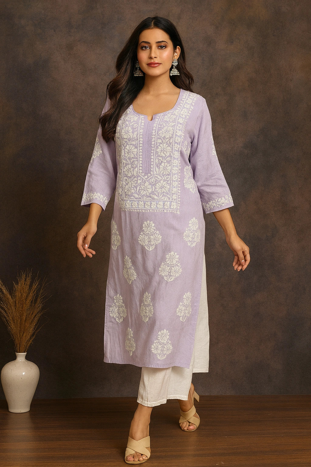 Woman wearing a light purple embroidered kurta with white pants against a brown background