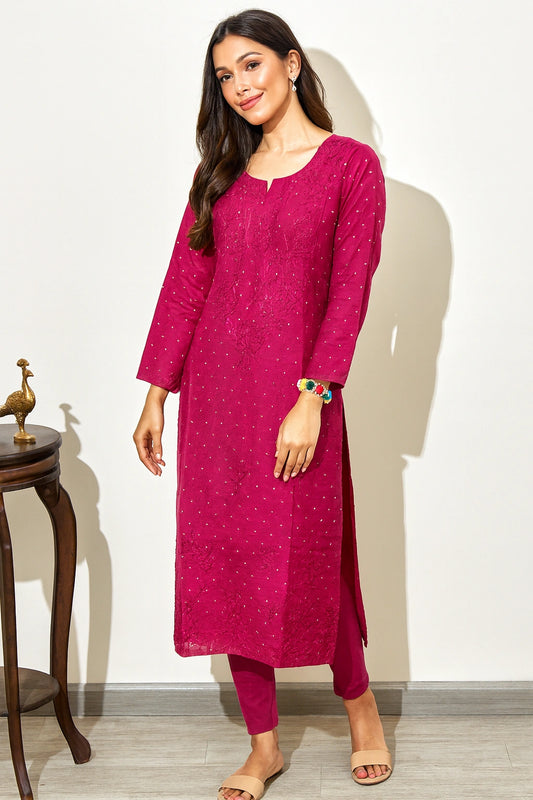 Lucknow Fashion Diary Hand Embroidered Lucknowi Chikankari Women's Magenta Chanderi Kurti