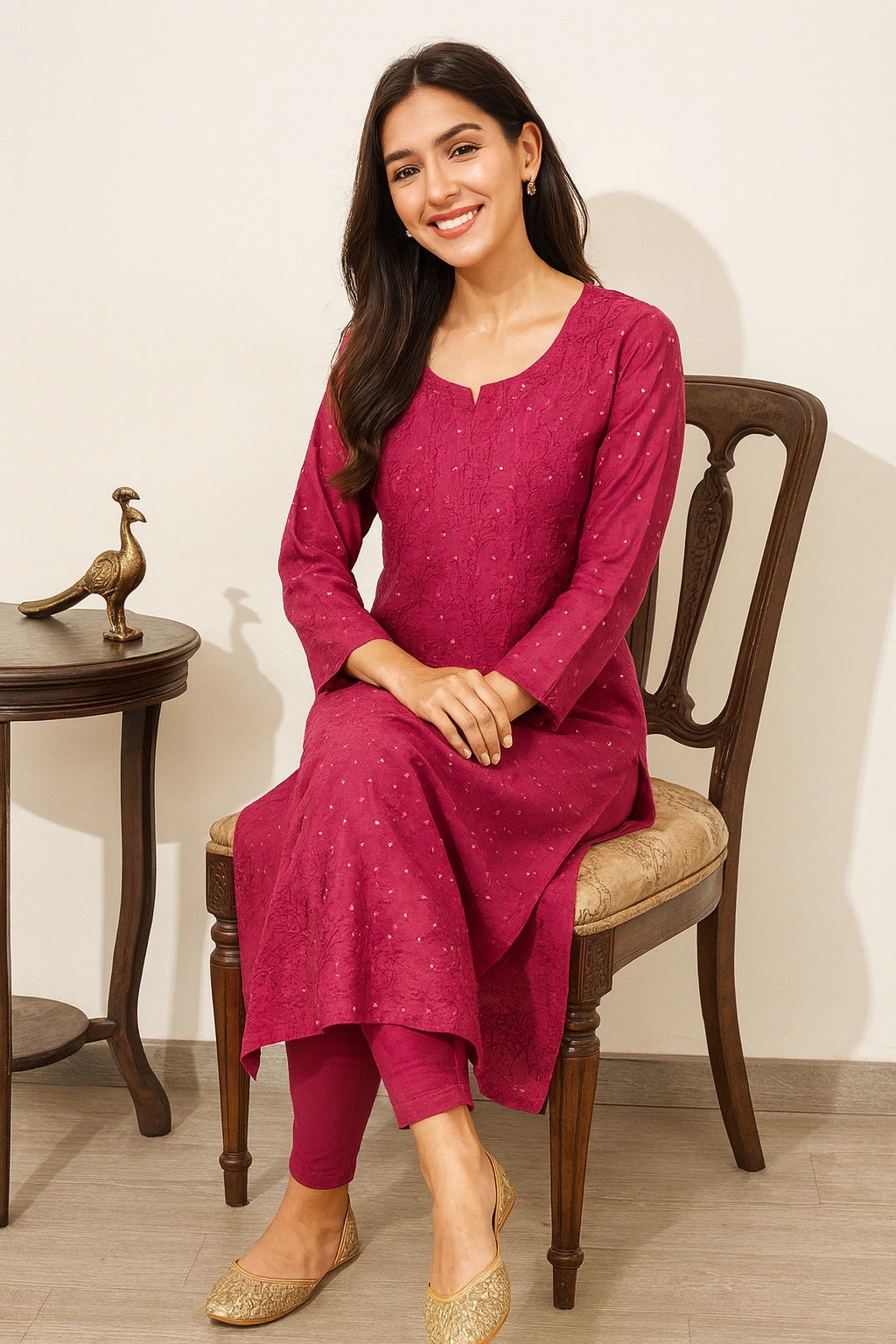 A woman wearing a magenta pink kurta and matching leggings sits on a wooden chair in a home setting. The kurta has subtle gold embroidered details and is paired with gold flat shoes.