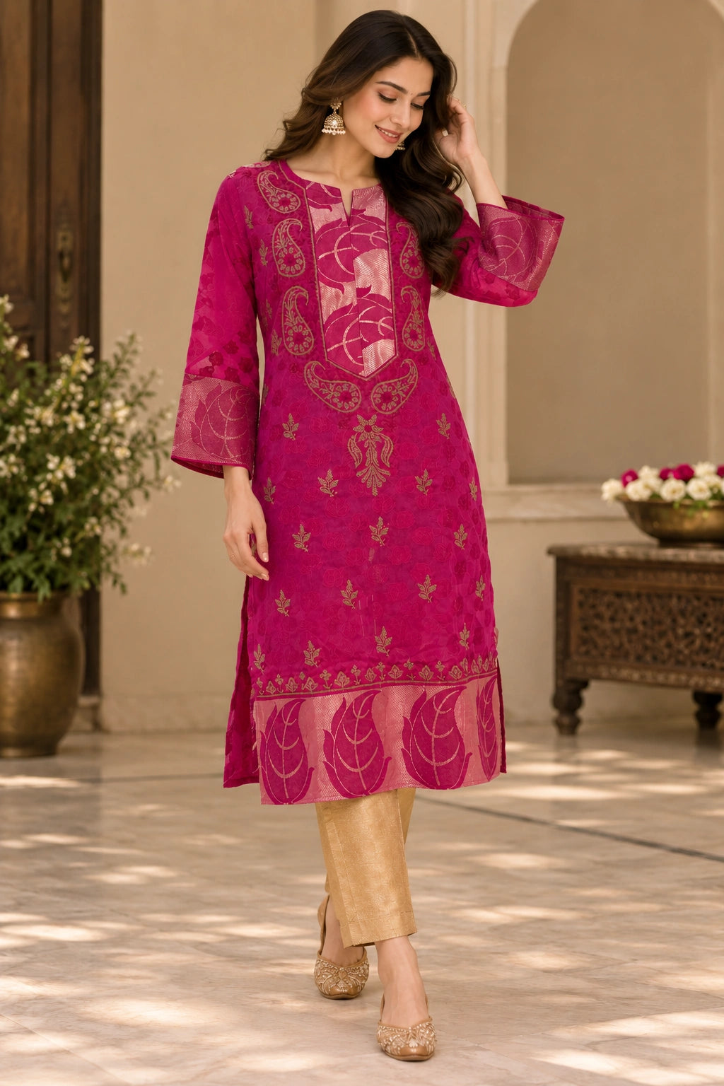 Lucknow Fashion Diary Hand Embroidered Lucknowi Chikankari Women's Magenta Chanderi Kurti