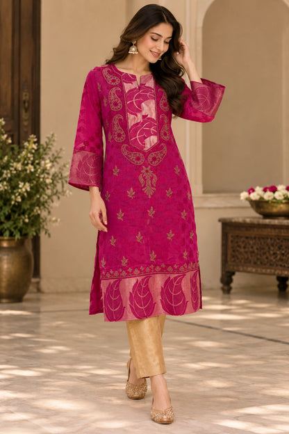 Lucknow Fashion Diary Hand Embroidered Lucknowi Chikankari Women's Magenta Chanderi Kurti