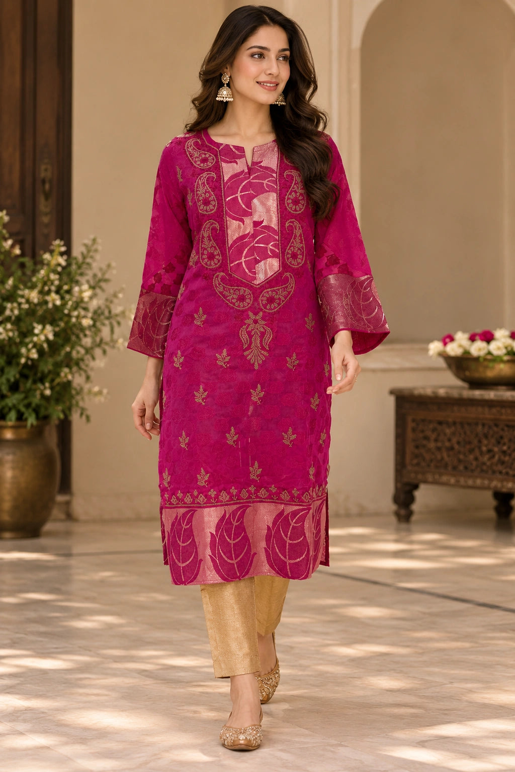 A woman models a magenta pink embroidered kurta with beige trousers in an elegant courtyard setting. The kurta features intricate gold embroidery, sheer sleeves, and a matching sheer hem.