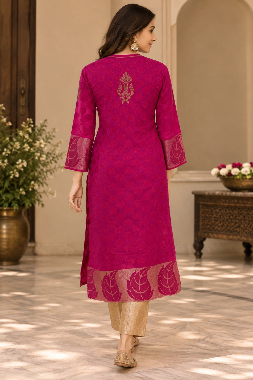 A woman wearing a magenta pink embroidered kurta with beige trousers, shown from the back in an elegant indoor courtyard setting.