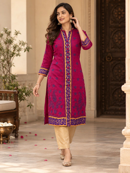 Lucknow Fashion Diary Hand Embroidered Lucknowi Chikankari Women's Magenta Chanderi Kurti