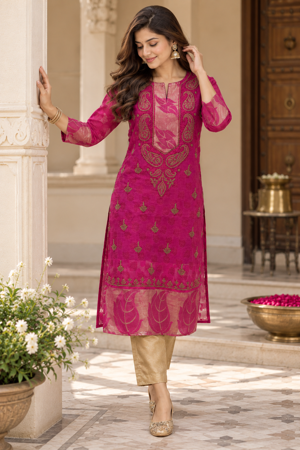 Lucknow Fashion Diary Hand Embroidered Lucknowi Chikankari Women's Magenta Chanderi Kurti
